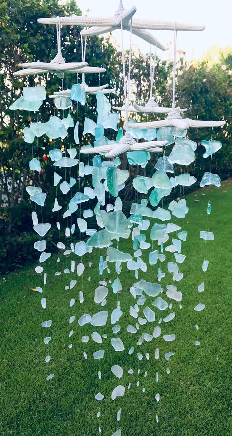 Kaua'i Beach Glass 250-Pieces and Starfish Mobile | Etsy Coastal Farmhouse Decor, Nautical Crafts, White Ombre, Driftwood Crafts, Sea Theme, Coastal Farmhouse, Beach Crafts, Sea Glass Art, Wind Chime