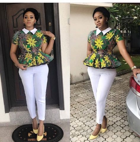 African Top Styles For Women, Cute Ankara Tops, Ankara Tops On Jeans, Ankara Top Styles For Jeans, Peplum Top With Jeans, Latest Ankara Top Styles, Ankara Top Styles, African Tops For Women, Ankara Peplum Tops