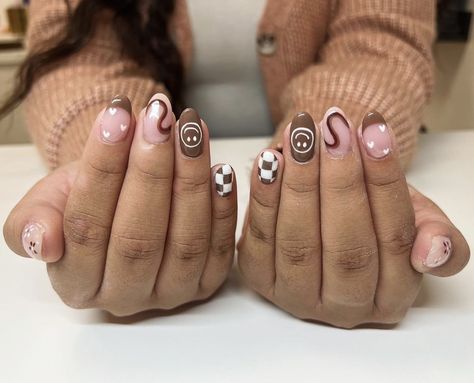 Country Acrylic Nails, Em Nails, Checkered Nails, Brown Nails Design, Boho Nails, Fall Manicure, October Nails, New Nail Designs, Nails For Kids