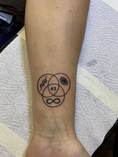 Question Authority Tattoo, Hitchhikers Guide To The Galaxy Tattoos, 42 Tattoo Hitchhiker, Hitchhikers Guide To The Galaxy Tattoo, Multiverse Tattoo, Everything Everywhere All At Once Tattoo, 42 Tattoo, Nerdy Tattoos, Hp Tattoo