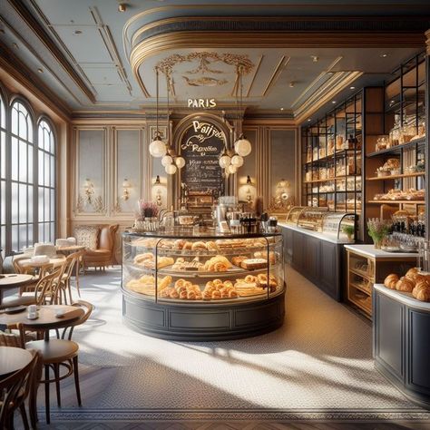 Cafe In Paris Interior, Chocolate Cafe Shop, Parisian Cafe Interior Design, Bakery And Cafe Interior, Parisian Coffee Shop Interior, French Bakery Interior Design, French Pastry Shop Aesthetic, European Coffee Shop Aesthetic, Bakery And Coffee Shop Design