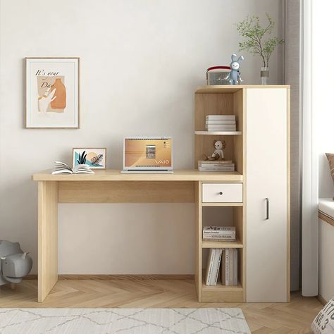 Milie 49.2 Natural Hidden Bookshelf Desk With Storage And Universal Rollers - Hernest Small Study Table, Wooden Study Table, Small Dressing Table, Study Table Designs, Desain Pantry, Study Desk Decor, Study Room Design, Small Home Offices, Desks For Small Spaces