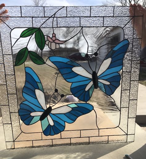 latest butterfly custom window.  A beauty in blue! Butterfly Window Art, Butterfly Glass Painting, Butterfly Stained Glass Pattern, Glass Painting Butterfly, 3d Stained Glass Butterfly Pattern, Stained Glass Butterfly Panel, Stained Glass Monarch Butterfly, Moth Stained Glass Window, Glass Butterflies