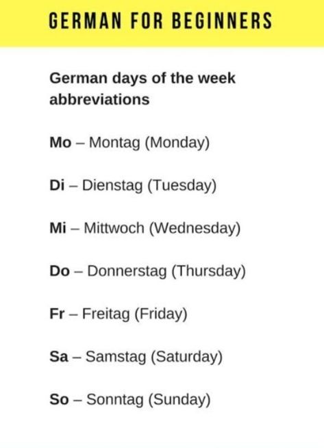 German days of the week abbreviations Days Of The Week In German, German For Beginners, Days Of The Week