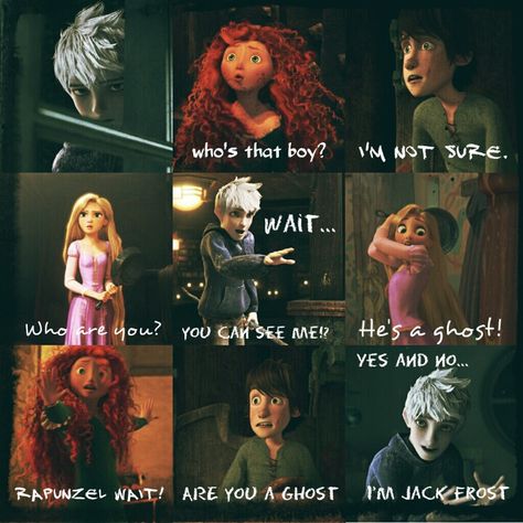 Hahaha, this is hilarious! Jack Frost meets the rest of the gang. I love how hiccup doesn't do anything except panic about whether jacks a ghost or not xD Merida And Hiccup, Disney Drawing, Big Four, Disney Crossover, Big Six, Disney Crossovers, Disney Things, Rise Of The Guardians, Disney Jokes