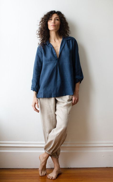 Indigo Collared Top With Relaxed Fit, Indigo Relaxed Fit Collared Top, Linen Blouse Outfit, Red Linen Pants, Blue Linen Button-up Tops, Indigo Cotton Button-up Denim Top, Linen Shirt Outfit, Blue Linen Shirt, Indigo Cotton Button-up Shirt