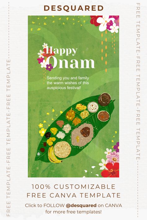 A free happy onam greeting designed on Canva with traditional Kerala elements like onam sadya(onasadya), pukalam (pookkalam) and banana leaf. It can be downloaded easily from Desquared's profile on Canva. Onam Templates, Happy Onam Poster, Onam Poster Design, Happy Onam Wishes, Onam Greetings, Onam Wishes, Blackboard Art, Onam Festival, Happy Onam