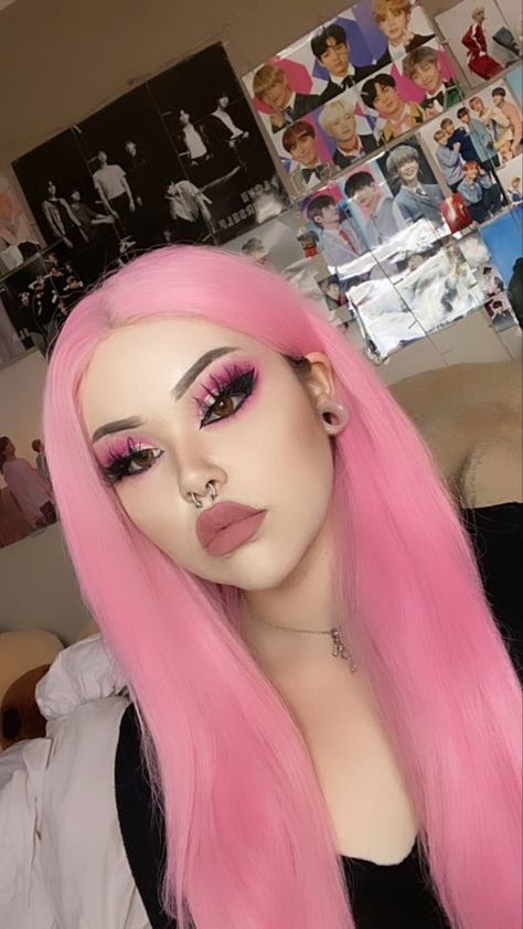 Pink Hair And Makeup Ideas, Pink Gothic Makeup Looks, Goth Pink Makeup Looks, Pink Emo Makeup Looks, Edgy Pink Makeup, Goth Easter Makeup, Alt Pink Makeup, Pink Alternative Makeup, Pastel Pink Makeup Looks