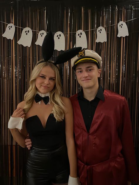 Hough Hefner And Bunny Costume, Hugh Heff And Bunny Costume, Couple Halloween Costumes Hugh Hefner, Halloween Costumes Hugh Hefner, Hugh Hefner And Bunny Costume, Huge Hefner And Bunny Costume, Playboy And Hugh Costume, Bunny Halloween, Bunny Halloween Costume