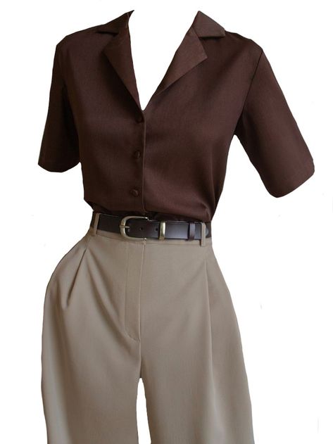 Hot Academic Look, Summer Dark Academia Aesthetic, Dark Academia Office Outfit Summer, Dark Academia Summer Clothes, Brown Dark Academia Outfit, Dark Academia Png Clothes, Dark Academia Women Fashion, Semi Formal Pants Outfit For Women, Dark Academia Outfit Women Summer