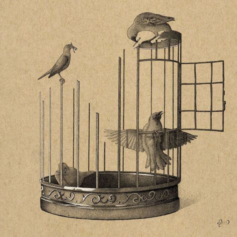 stippling drawing Open Cage Drawing, Open Bird Cage Drawing, Bird In Cage Art, Open Cage Tattoo, Bird In A Cage Drawing, Caged Bird Aesthetic, Fish Inside A Birdcage, Bird Carrying Letter, Caged Bird Art