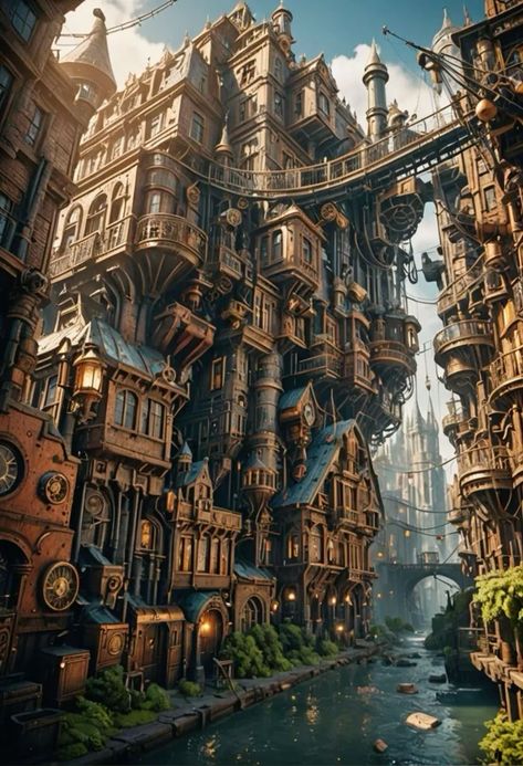 Steampunk House Concept Art, Steam Punk House, Steampunk Village, Magic Steampunk, Fantasy Cityscape, Steampunk Building, Hive City, Fictional City, Punk House