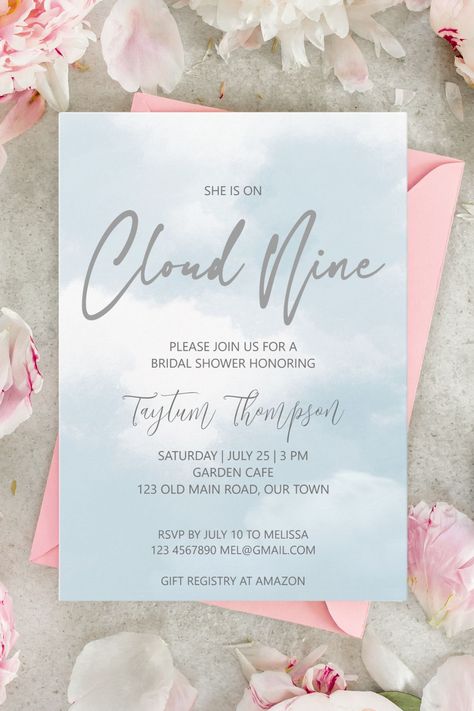 She is on cloud nine bridal shower invitation template instant download Personalized Party Decor, On Cloud Nine, Bridal Shower Invitations Templates, Cloud Nine, Bridal Shower Theme, Bridal Shower Invitation, Cloud 9, Cards Wedding, Bridal Shower Gifts