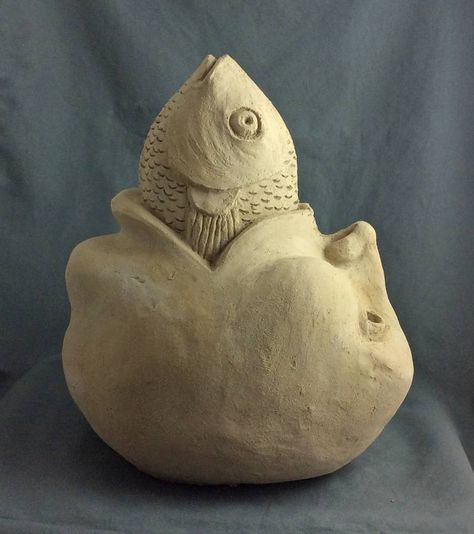 Original Art Ceramic Sculpture, measuring: 23W x 23H x 15D cm, by: Sandra Borges (Portugal). Styles: Figurative, Expressionism. Subject: Humor. Keywords: Proverb, Cartoon, Stoneware, Fish, Head. This Ceramic Sculpture is one of a kind and once sold will no longer be available to purchase. Buy art at Saatchi Art. Surreal Ceramic Sculpture, Egg Sculpture Ideas, Whimsical Ceramic Art, Weird Ceramic Art, Fish Sculpture Clay, Ceramic Sculpture Ideas Creative, Ceramic Fish Sculpture, Plaster Sculpture Ideas, Ceramic Face Sculpture