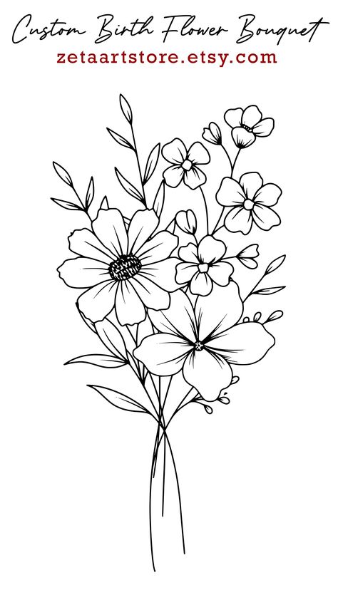 Flower Bouquet Tattoo Stencil, Minimal Flower Tattoo, Printable Drawings, Dainty Designs, Silhouette Embroidery, Flower Bouquet Tattoo, Birth Flower Bouquet, Minimal Flower, Bouquet Tattoo