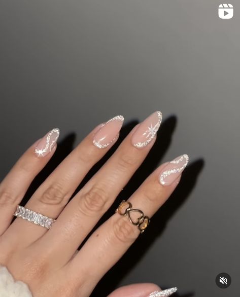 Glittery French Tip Nails Almond, White And Gold Glitter Nails, Nye Nail Designs, Prom Nails White, Nail Ideas Prom, Simple Prom Nails, Prom Nail Ideas, Diamante Nails, Nail Silver