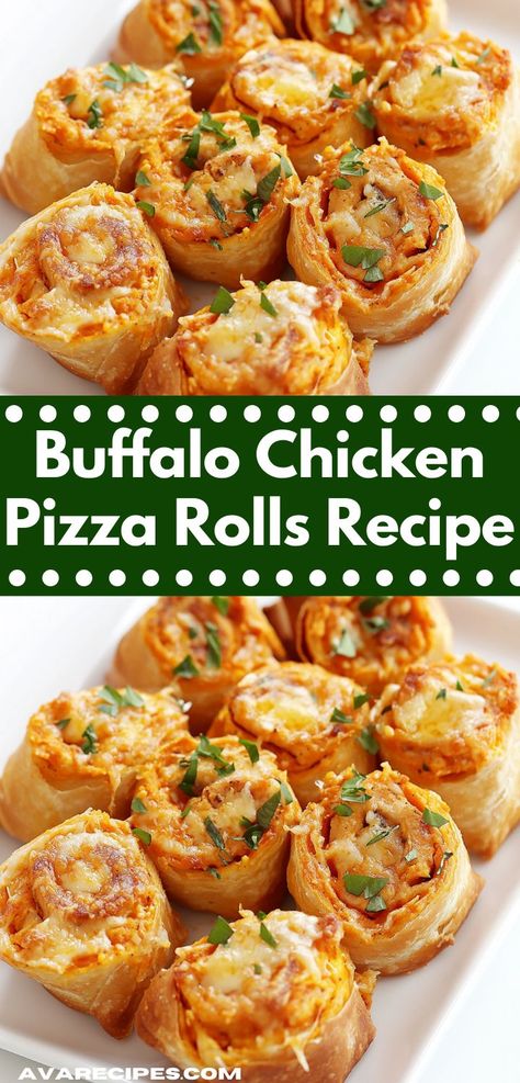 Satisfy your cravings with these Buffalo Chicken Pizza Rolls! Rolled up with spicy chicken and cheese, they’re baked until crispy. Serve them with ranch dressing for a tasty dip that everyone will love. Chicken Ranch Roll Ups, Ranch Roll Ups, Dinner Ideas Fun, Pizza Rolls Recipe, Fun Dinner Ideas, Chicken Recipe For Dinner, Cheesy Buffalo Chicken, Dinner Ideas With Chicken, Pizza Roll Recipe