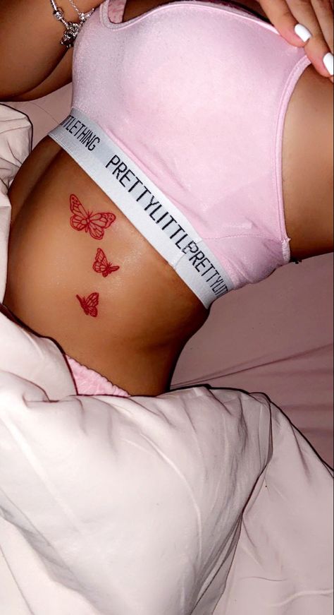 Butterfly Tattoo Stomach, Side Butterfly Tattoo, Butterfly Stomach Tattoo, Lower Hip Tattoos, Red Butterfly Tattoo, Side Stomach Tattoos, Side Tattoos Women, Hairstyles Weave, Colorful Butterfly Tattoo