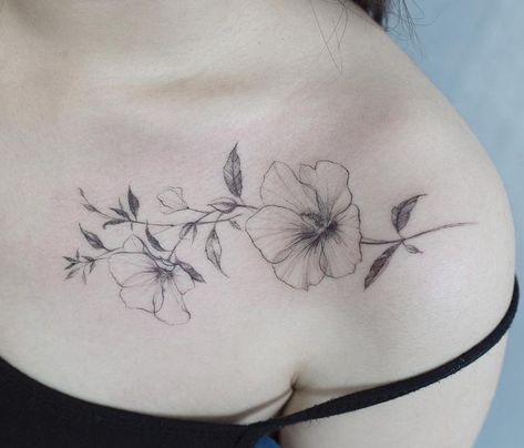 Flower Tattoo Collar Bone, Front Shoulder Tattoos For Women, Rose Of Sharon Tattoo, Violet Flower Tattoo, Hibiscus Flower Tattoo, Tattoo Collar Bone, Tattoos Roses, Front Shoulder Tattoos, Collarbone Tattoo