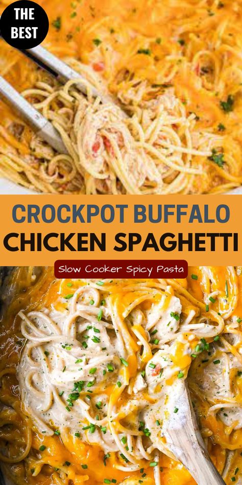 Learn how to make buffalo chicken spaghetti in a crockpot with this easy recipe. It's creamy, cheesy, and full of flavor. Spaghetti In Crockpot, Chicken And Cheese Pasta, Buffalo Chicken Spaghetti, Crockpot Chicken Spaghetti, Slow Cooker Buffalo Chicken, Chicken Spaghetti Recipe, Shredded Buffalo Chicken, Crockpot Buffalo Chicken, Crockpot Pasta