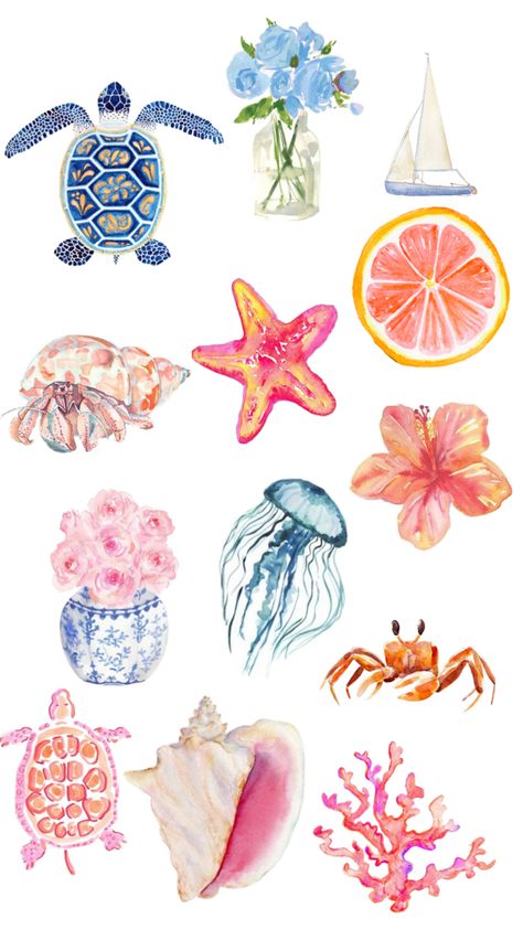 Summer wallpaper. Cute beachy bright colored wallpaper Cute Summer Wallpaper, Beach Wall Collage, Cute Summer Wallpapers, Seashell Painting, Wallpaper Iphone Summer, Summer Scrapbook, Summer Painting, Paper Background Texture, Pretty Wallpaper Iphone