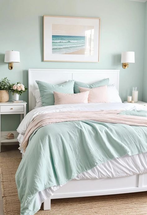 Small Beach Themed Bedroom, Bedroom Beach Decor, Curtains Aesthetic, Blue Green Bedrooms, Aqua Bedrooms, Mint Green Bedroom, Blue And White Bedroom, Mint Bedroom, Coastal Bedroom Ideas