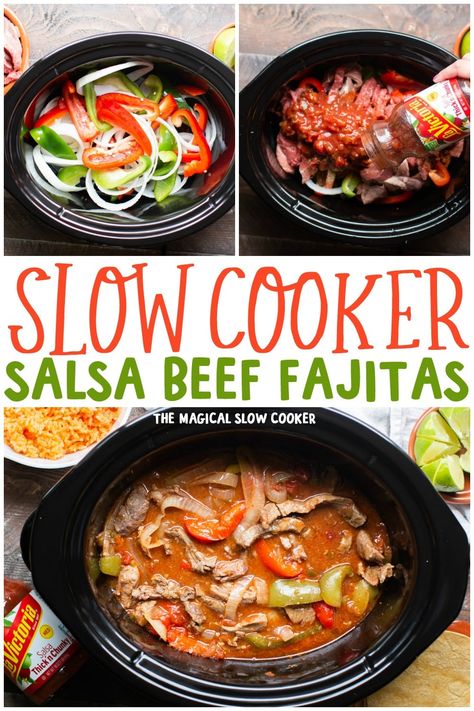 Slow Cooker Salsa Beef Fajitas Salsa Beef, Slow Cooker Fajitas, Slow Cooker Salsa, Fajitas Recipe, The Magical Slow Cooker, Beef Fajitas, Fajita Recipe, Crockpot Beef, Slow Cooker Beef