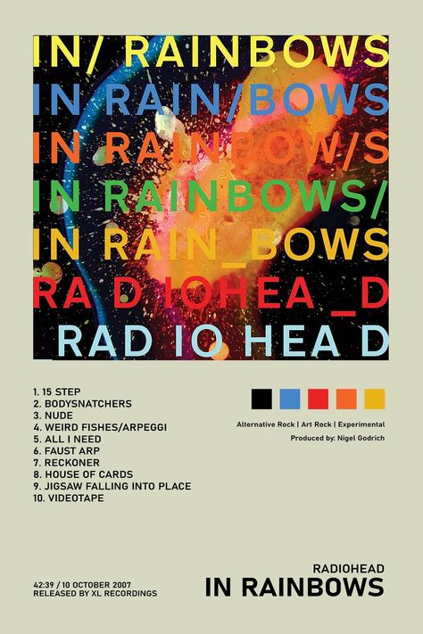 In Rainbows Radiohead, Painting Room Aesthetic, Radiohead In Rainbows, Radiohead Poster, Radiohead Albums, In Rainbows, Posters On Wall Bedroom, Painting Room, Music Poster Ideas