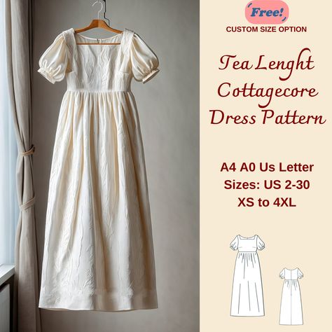 Fairy Cottagecore Dress Sewing Pattern, Gathered Summer Dress, Renaissance Dress, Bridgerton Gown, Regency Dress, Frenchy Dress,  XS-4XL: Available as an instant download (pdf) sewing pattern bundle with a range of size options: US Sizes: 2, 4, 6, 8, 10, 12, 14, 16, 18, 20, 22, 24, 26, 28, 30 Standard Sizes: XS, S, M, L, XL, 2XL, 3XL, 4XL These patterns are suitable for A4, A0, and US Letter size papers. As soon as your payment is processed, you will automatically receive download links for the Prairie Dress Sewing Pattern, Regency Sewing Patterns, Cottagecore Pattern Sewing, Cottage Core Sewing Patterns, Simple Dress Patterns, Baby Doll Dress Pattern, Bridgerton Gown, Cottagecore Dress Pattern, Aline Dress Pattern