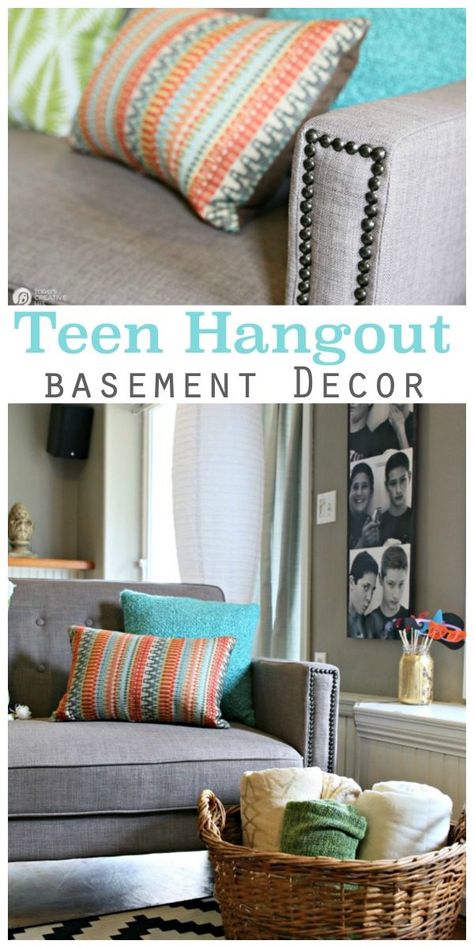 Finished Basement Idea | Teen Hangout | Inexpensive Fold out Sofa Ideas | See more on TodaysCreativeLife.com Room Ideas Teen, Games Room Ideas, Attic Game Room, Teen Basement, Cozy Attic Bedroom, Teen Hangout Room, Basement Lounge, Teen Hangout, Cellar Ideas