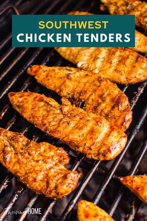 This southwest chicken recipe is sure to please all the eaters in your house. It’s easy, healthy, freezer-friendly, and full of flavor but not spicy. You can bake it or–even better–grill it! Southwest Seasoned Chicken, Spicy Chicken Tenderloin Recipes, Southwest Chicken Marinade For The Grill, Southwestern Chicken Marinade, Southwest Chicken Recipes, Southwest Marinade, Southwest Chicken Marinade, Grilled Chicken Strips Recipes, Southwest Grilled Chicken