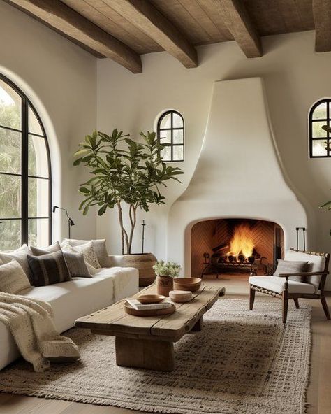 Adobe Style Fireplace, Stucco Homes Interior, Sante Fe Style Homes, Spanish Style Fireplace Living Room, Spanish Fireplace Ideas, European House Interior Design, Spanish Revival Fireplace, Adobe Home Interior, Southwest Fireplace