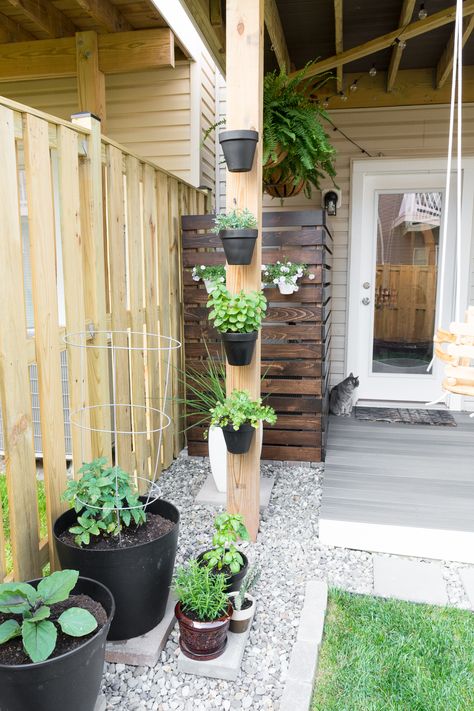 Modern design ideas for a small backyard // Hanging ferns // DIY AC screen // DIY HVAC unit screen // hanging herbs // pot klips // My Tiny Backyard // by Brittany Goldwyn Tiny Deck Ideas, Tiny Deck, Big Potted Plants, Raised Planters, Tiny Backyard, Diy Raised Garden, Backyard Inspiration, Garden Backyard, Small Backyard Patio