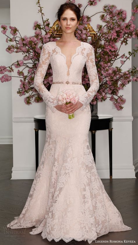 illusion long sleeves deep v lace trumpet wedding dress (l7126) mv blush color Romona Keveza Bridal, Romona Keveza Wedding Dresses, Long Sleeved Wedding Dress, Trumpet Wedding Dress Lace, Sleeved Wedding Dress, Romona Keveza, High Neck Wedding Dress, Sleeved Wedding, Timeless Wedding Dress