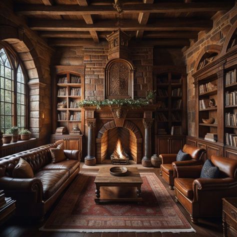 Castle Style Interior, Rustic Library Room Ideas, Fancy Home Library, Wizard Home Aesthetic, Castle Living Room Aesthetic, Old Manor House Interior, Midevil Room Aesthetic, Castle Style Homes Interior, Cottagecore Interior Design Living Room