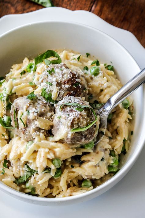 Parmesan Meatballs & Orzo in Mozzarella Basil Cream Sauce (Lightened Up) | Carlsbad Cravings Meatballs And Orzo, Basil Cream Sauce, Parmesan Meatballs, Carlsbad Cravings, Cream Sauce Recipes, Orzo Recipes, Easy Meal Plans, Lasagna Recipe, Meatball Recipes