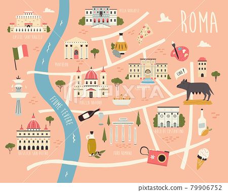 Illustrated map of Rome with famous symbols, landmarks, buildings. Rome Map Illustration, Map Of Rome, Rome Map, Books Posters, Map Layout, Money Images, Piazza Navona, Photo Layouts, Illustrated Map