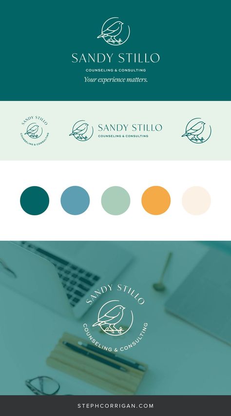 Custom brand identity and logo design for a therapy practice. The identity features a friendly bird logomark and warm, inviting color palette with blue, green, and orange. The result is a professional and elegant yet approachable brand identity. Click through to view more of this therapist branding project! Consulting Logo Design Inspiration, Psychiatrist Logo, Therapist Logo Design, Color Palette With Blue, Therapy Branding, Therapist Branding, Therapist Logo, Color Branding, Therapy Website