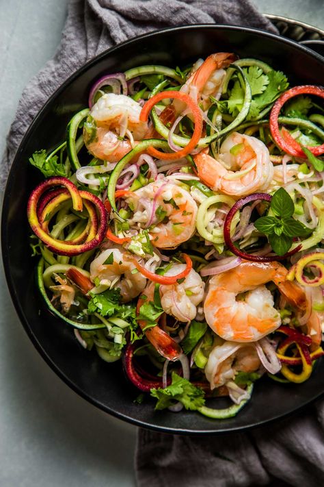 Thai Shrimp Salad Thai Prawn Salad, Spiralized Cucumber, Spicy Shrimp Salad, Refreshing Dinner, Thai Shrimp Salad, Frozen Cooked Shrimp, Thai Salad Recipes, Raw Prawns, Sea Food Salad Recipes