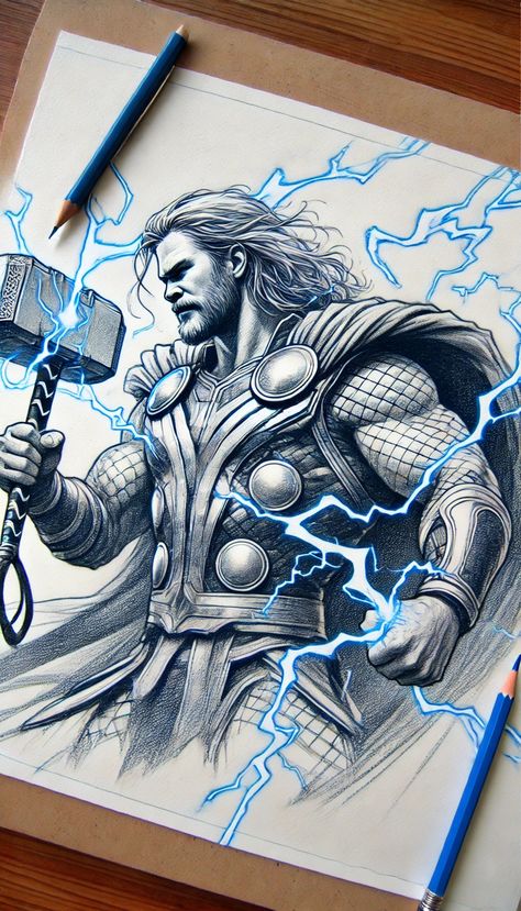 Marvel Thor Drawing, Marvel Avengers Sketches, Thor Drawing Sketches, Thor Sketch, Thor Drawing, Hulk Sketch, Superhero Sketches, Pencil Drawings Of Nature, Werewolf Drawing