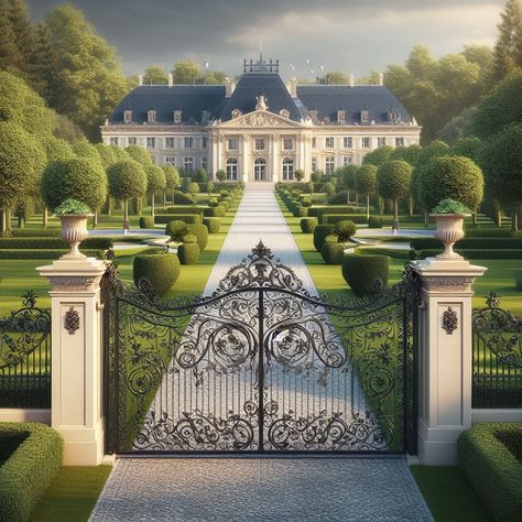 Castle Entrance Exterior, Old Money Front Yard, Mansion Front Yard, French Mansion Exterior, Biggest Mansion, Bedroom Ideas Lights, Mansion Gate, Old Money Mansion, Mansion Drawing