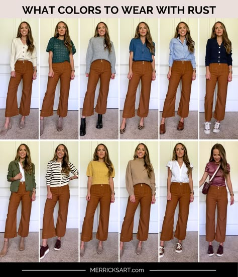 Summer Outfits Autumn Colors, Rust Pants Outfit Summer, Simple Chic Style Minimal Classic, Rust Clothing Color Combos, Rust And Teal Outfit, Terracotta Outfit Color Combos, Rust Cropped Pants Outfit, Everyday Classic Outfits, Cinnamon Color Pants Outfit