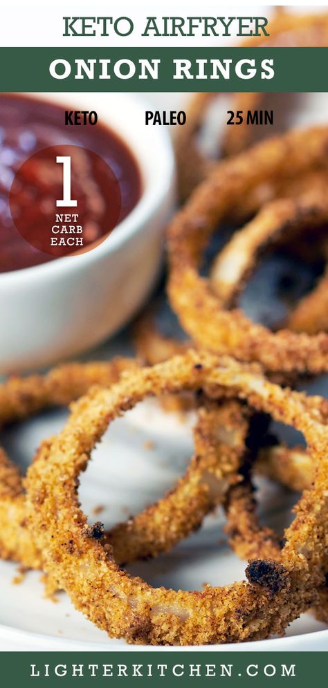 Crunchy Air Fryer Onion Rings! The perfect mix of crunch and light. This onion rings recipe is Keto friendly and Low Carb thanks to a surprise ingredient! This is a perfect Keto Snack Recipe. Visit LighterKitchen.com for more Low Carb Recipes. #keto #ketorecipes #lowcarb #lowcarbrecipes #easyrecipes #healthyrecipes #ketosnacks #lowcarbsnacks #onionrings #porkrindrecipes #snackrecipes #airfryer #airfryerrecipes Low Carb Onion Rings Air Fryer, Cheeseburger Chaffle, Onion Rings Air Fryer, Air Fryer Onion Rings, Air Fryer Recipes Keto, Pork Rind Recipes, Low Carb Recipes Keto, Onion Rings Recipe, Onion Ring