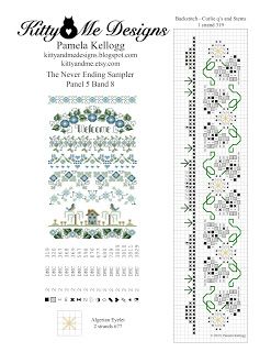 Kitty And Me Designs: Never Ending Sampler Panel 5 Band 8 Cross Stitch Band Sampler Patterns, Stitch Sampler, Cross Stitch Samplers, Cross Stitch Charts, Crazy Quilts, Cross Stitch Patterns, Stitch Patterns, Needlework, Free Pattern