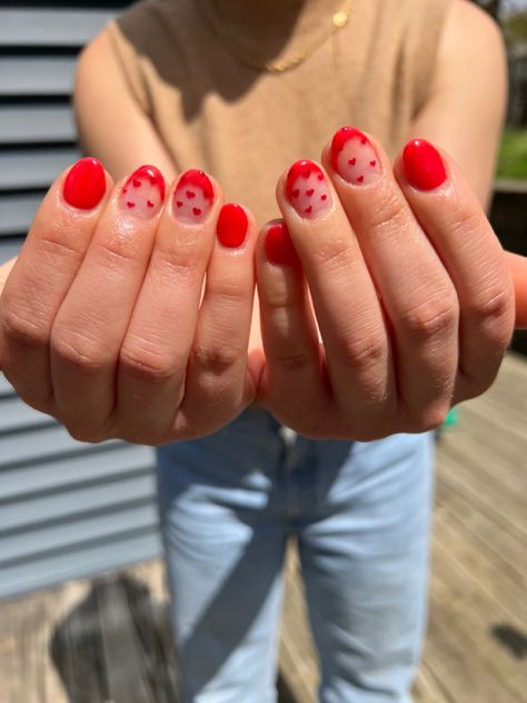 French Tip Luminary Nails, Red Valentines Nails 2024, Red Luminary Nails, Red French Tip Nails Short Valentines, Red Nail Designs Natural Nails, Natural Nail Valentines Day Nails, Short Red Heart Nails, Square Shaped Nails Short, Luminary Gel Nails