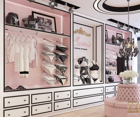 lingerie store and atelier on Behance Lingerie Store Design, Lingerie Rosa, Lingerie Design, Retail Store Interior Design, Clothing Store Interior, Clothing Store Design, Store Design Boutique, Condo Ideas, Store Layout