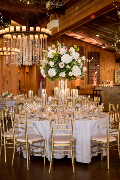 A Romantic Blush & Gold Spring North Carolina Wedding via TheELD.com Bellagio Wedding, Gold Reception, Barn Wedding Photos, Raleigh Wedding, Wedding Floral Centerpieces, Tall Centerpieces, Round Tables, Bride Magazine, Blush Gold