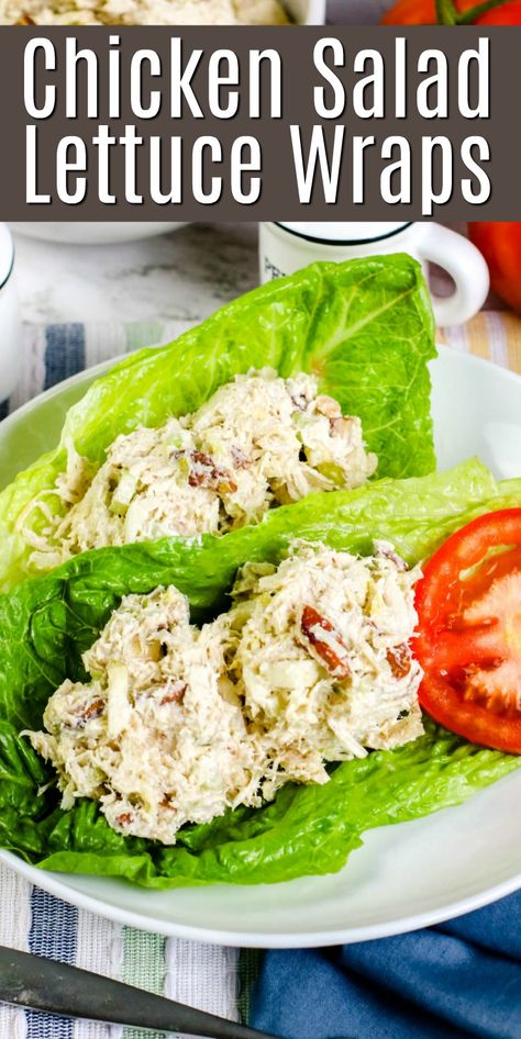 EASY healthy Chicken Salad Lettuce Wraps made with canned chicken, apples, celery, pecans and mayonnaise! Perfect summer side dish or served on lettuce wraps for lunch!   #chickensalad #cannedchickenrecipes #chicken #summerrecipes #lettucewraps #dinnerideas #pantrybasics #food #recipes Chicken Salad Lettuce Wraps, Wraps For Lunch, Chicken Salad Lettuce, Easy Healthy Chicken, Easy Lettuce Wraps, Lettuce Recipes, Chicken Lettuce Wraps Recipe, Can Chicken Recipes, Salad Lettuce