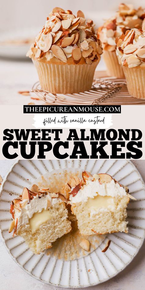 Almond cupcakes are soft and tender, filled with vanilla custard and topped with a silky, melt-in-your-mouth German buttercream. German Buttercream, Vanilla Pastry Cream, Almond Cupcakes, Cupcakes Filled, German Desserts, Easter Desserts Recipes, Gourmet Cupcakes, Delicious Thanksgiving, Custard Filling