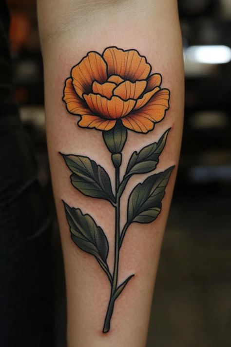 carnation 11 Neo Traditional Carnation Tattoo, Marigold Wrist Tattoo, Carnation Flower Tattoo Traditional, Orange Marigold Tattoo, Simple Marigold Tattoo, Pink Carnation Tattoo, Marigold Flower Tattoo, Carnation Flower Tattoo, Marigold Tattoo